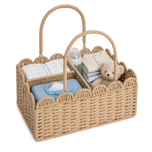 Large Wicker Diaper Caddy Organizer, Scalloped Nursery Basket for Changing Table, Woven Rope Baby Holder with Removable Divider, Portable Organizer for Diapers Wipes Clothes Toys & Essentials (Khaki)