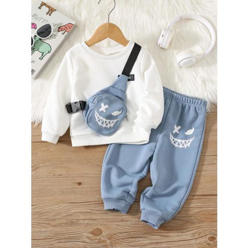 3pcs Baby Boy/Girl Cute Expression Print Adjustable Crossbody Backpack, Long Sleeve Sweatshirt And Pants Set, Casual Daily Wear, Suitable For Spring, Autumn & Winter, Fleece Thickened | SHEIN USA