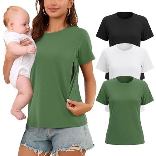 Ecavus One-Handed Zipper Nursing Shirts for Breastfeeding - 3 Pack Women's Short Sleeve Nursing Tops Round Neck Maternity Top