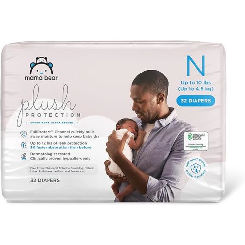 Amazon Brand - Mama Bear Plush Protection Diapers, Keeps Baby Dry, Skin Safe, Leakproof, Size Newborn, 32 Count, Hypoallergenic Premium Disposable Baby Diapers, White and Cloud Dreams