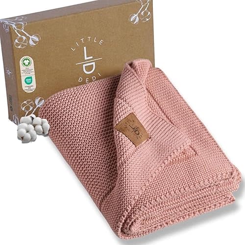 Little Dedi 100% Organic Cotton Baby Knitted Blanket with Gift Box - Soft Toddler, Crib, Stroller Blanket - Neutral Swaddle and Receiving Blanket for Newborns, 30"x40", Pink