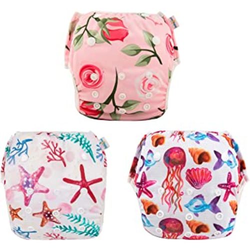 Babygoal Baby & Toddler Girl and Boy Swim Diapers, Reusable Adjustable Washable One Size Fits 6M-3T Gifts and Swimming Lessons 3 Pack 3ZSD06