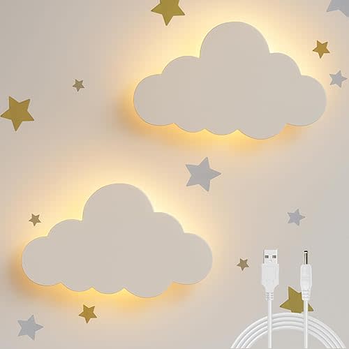 Cloud Wall Lights 2 Pack for Nursery – Dimmable & Rechargeable Night Lights for Baby Room Decor (Star Decals Included)