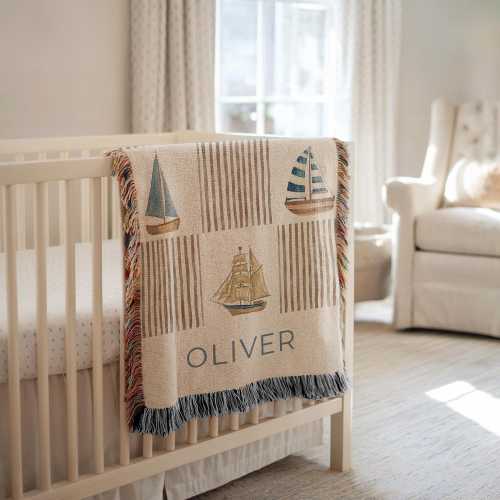 Nautical Nursery Blanket With Name Baby Boy Gift Coastal Throw Personalized Scandinavian Decor With Sailboats and Stripes