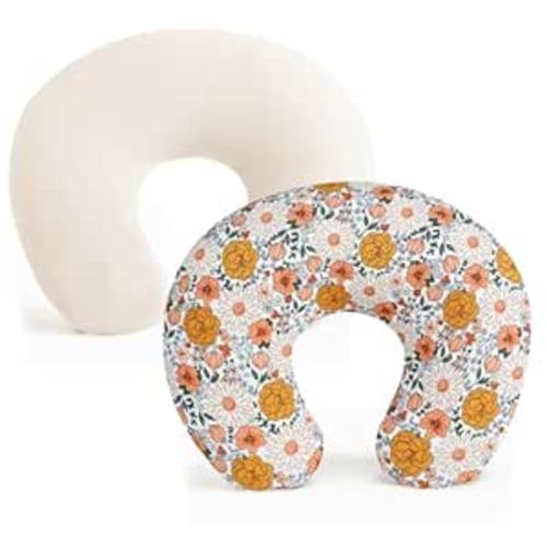 Konssy 2 Pack Nursing Pillow Covers, Stretchy and Soft Nursing Cover for Breastfeeding, Pillow Slipcover for Baby Girls Boys Newborn (Beige, Floral)