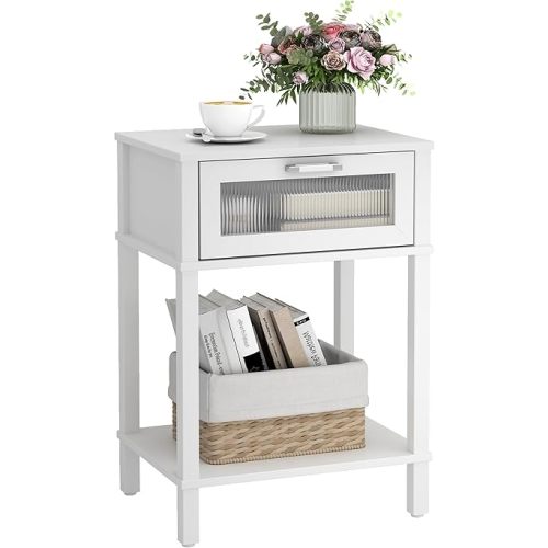Nightstand Wooden Bedside Table with Drawer White Night Stands Modern Style Small End Table Side Table with Storage Shelf for Bedroom Living Room MLBZ10W