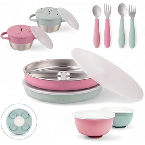 Elk and Friends Kids Stainless Steel Mealtime Bundle | Plates, Bowls, Snack Cups + Toddler Utensils | Silicone Suction Sleeves + Travel Storage Lids | For Meals + Snacks | Dishwasher Safe