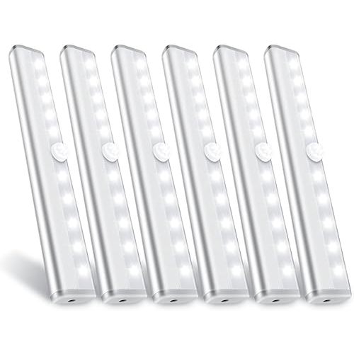 Motion Sensor Closet Lights, 10 LED Motion Sensor Lights, Stick-on Anywhere Battery Operated Night Light Bar, Safe Lights for Closet Cabinet Wardrobe Stairs, 6 Pack