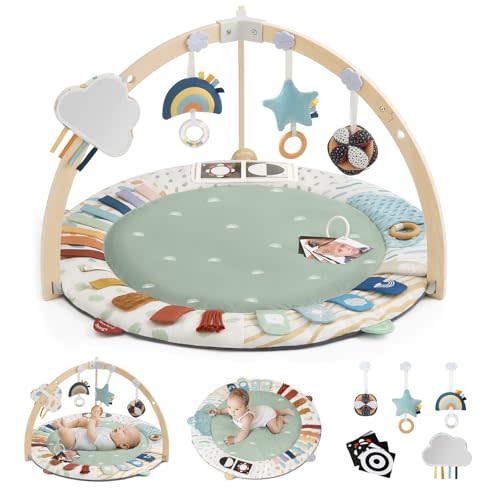 Blissful Diary Baby Play Gym & Activity Mat, 5 Developmental Zones Wooden Tummy Time Mat with 6 Detachable Sensory Toys for Motor Skills & Sensory Development, Baby Essentials Shower Gift, Green