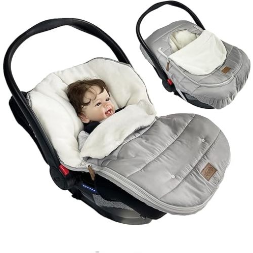 funlife Car Seat Bunting Bag Set, Cover for Spring Fall, Front Height Adjustable Waterproof Infant Carseat Bunting Bag for Winter, for Harsh Winter Use Car Seat Cover and Bunting Bag Together,Grey