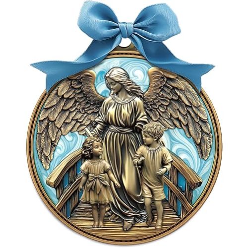 Misdary Guardian Angel Crib Medal Blue Ribbon Round Religious Decor for Baby Nursery Baptism Christening Gift Keepsake Gift, 3 Inch