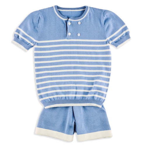 Moritz Knit Shirt + Shorts Set in Azure Blue & Ivory Stripe - 12M