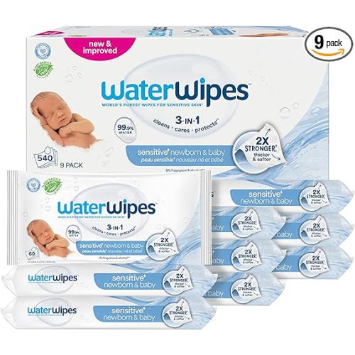 WaterWipes Sensitive+ Newborn & Baby Wipes, 3-In-1 Cleans, Cares, Protects, 99.9% Water, Unscented & Hypoallergenic, 540 Count (9 Packs)
