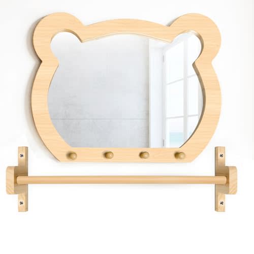 Freudeere Montessori Toddler Mirror with Hooks and Bar, Adjustable Wooden Bear-Shaped Kids Mirror for Self-Discovery, Classroom & Home Use in Daycare, Preschool, Homeschool