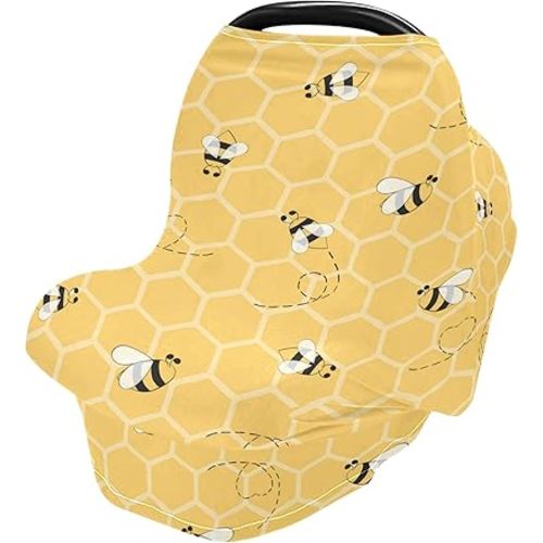 Cute Bee On Honey Yellow Honeycomb Pattern Stretchy Baby Car Seat Cover Infant Canopy Nursing Covers Breastfeeding Cover Breathable Windproof Winter Scarf for Boys Girls