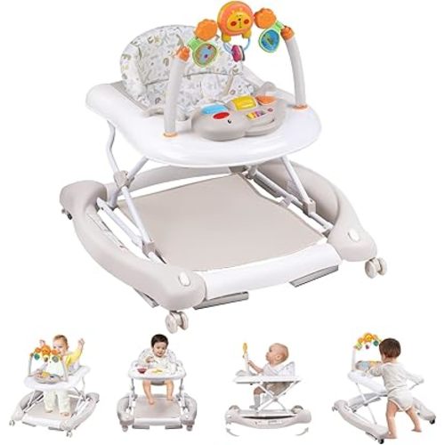 RefoereBabe Baby Walker, 5 in 1 Baby Walkers for Boys Girls 6-12 Months, Foldable Walkers for Babies with Bouncer & Feeding Tray, Music, Adjustable Heights, Activity Walker for Infant
