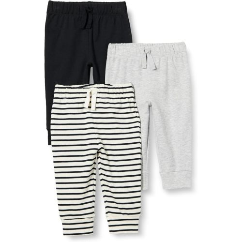 Amazon Essentials Unisex Toddlers' Cotton Pull-On Pants with Elastic Waist, Pack of 3, Black/Light Grey Heather/Stripe, 0-3 Months
