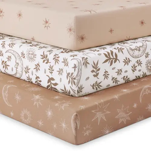 Baby Crib Sheets for Boys Girls, Fitted Crib Sheet Neutral 3 Pack for Standard Crib and Toddler Mattress, Breathable Soft Microfiber Baby Sheet 28x52x8in White Brown Sun God