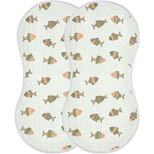 Muslin Burp Cloths Fish Green Print Cotton Baby Burp Cloths 2 Pack Soft Burping Cloth Absorbent Spit Up Rags for Newborn Baby Boys Girls 22"x11"