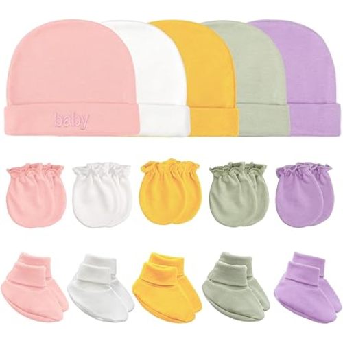 Newborn Baby Hats Mittens and Socks Set Cotton Infant Beanie Cap Socks Mittens for Newborn Baby Boy Girl 0-6 Month