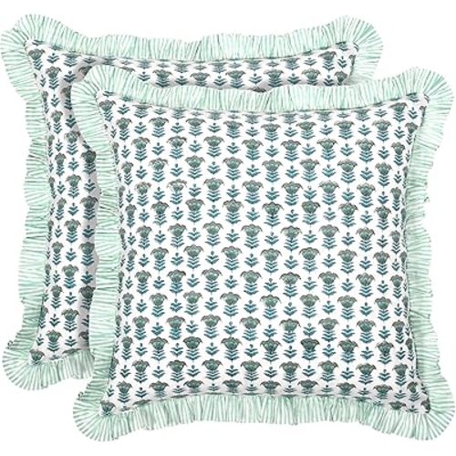 Ridhi Modern Farmhouse Pillow Covers Decorative Cotton Throw Pillow Covers Set of 2 Aquamarine Blue Cushion Covers with Ruffle for Couch Sofa Bed Living Room Spring Home Decor 18x18