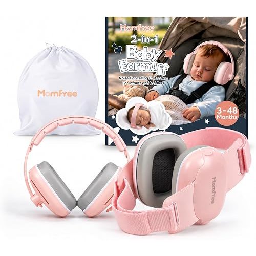 Momfree 2-in-1 Baby Ear Muffs for Sound Reduction, Hearing Protection for Airplane, Fireworks, Soft & Comfort Noise Cancelling Headphones with Adjustable Headband for Babies and Toddlers(3-48 Months)