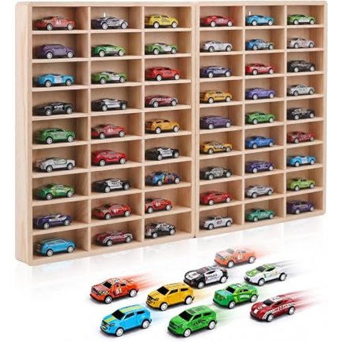 Wooden Wall Mount Display Case for 54 Hot Wheels & 1/64 Scale Model Cars - Collapsible Toy Car Storage Organizer Shelf, Could Easily be Painted/Stained for a DIY Project