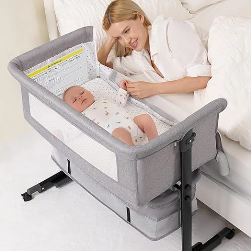 Baby Bassinet, 3 in 1 Bassinets Bedside Sleeper, Adjustable Height Bedside Sleeper with Rocking Mode, Breathable Mesh, Storage Basket, Wheels, Easy Assemble & Folding (Gray)