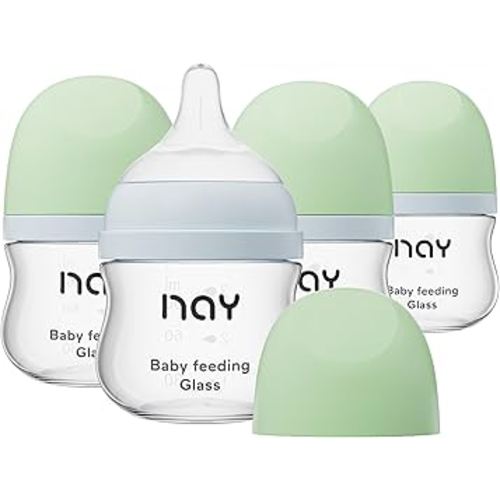 Natural Glass Baby Bottle Wide Neck, Newborn Anti-Colic Baby Bottle, Clear, 3oz(Pack of 4), Includes 4Pcs Slow Flow Nipple(SS), 0 Months+