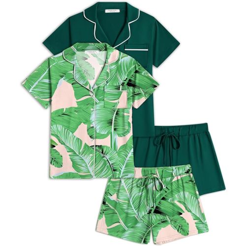 Ekouaer Womens Pajamas Set 2 Pack Button Down Summer Sleepwear Short Sleeve Comfy Pjs Loungewear Set