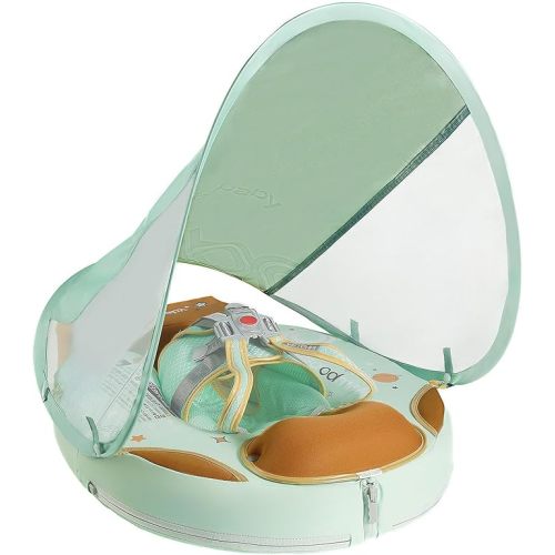 Mambobaby Non-Inflatable Baby Pool Float with Tail and Canopy UPF 50+ Sun Protection No Flip Over Infant Swim Float Skin-Friendly Mambo Float Swim Trainer Solid Baby Swimming Ring Foldable Style