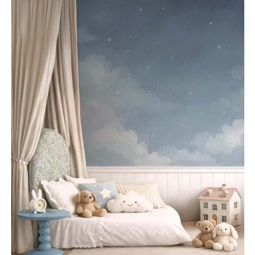 Dreamy Blue Sky Peel and Stick Wallpaper, Soft Cloud Nursery Wall Mural, Starry Night Accent Wall for Baby Room, Celestial Bedroom Decor