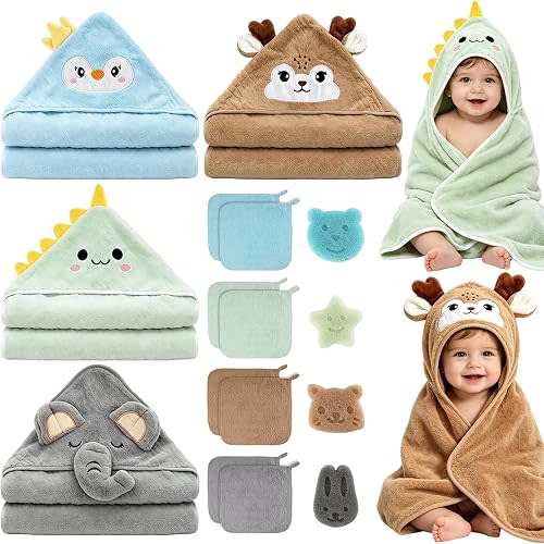 16 PCS Baby Bath Towels Set for Infants Toddlers,4 PCS Toddlers Hooded Baby Towels & Bath Sponge,8 PCS Washcloths for Baby Shower, Boys Girls Soft Absorbent Baby Bath Towels for Newborn Gifts ﻿