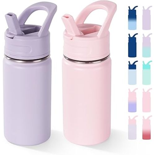 12oz Water Bottle with Straws, Stainless Steel Vacuum Insulated Water Bottle Leak-Proof, BPA-Free, Purple + Pink
