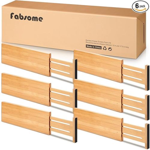 Fabsome Dresser Drawer Organizers 6 Pack, 4.65'' High Adjustable from 17-22‘’ Bamboo Drawer Dividers for Clothing Baby Clothes, Wooden Separators for Dresser Nursery Organization with Soft Foam Ends