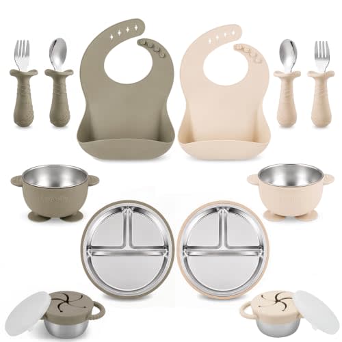 PandaEar 12-Piece Stainless Steel Baby Feeding Set with Plates and Bowls | 2 Sets with Stainless Steel Suction Plates, Bowls, Snack Cups, Silicone Bibs & Toddler Utensils, Dishwasher & Microwave Safe