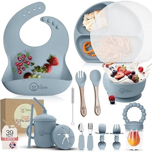 O'doe 17-Piece BPA-Free Silicone Baby Feeding Set | Thick & Soft Suction Plates, Baby Bowls, Wooden Fork & Spoon, and More | Make Mealtime Fun and Easy for Your Little One (Blue, V2)