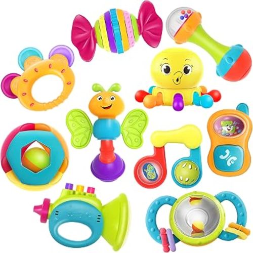 iPlay, iLearn 10PCS Baby Rattle Toys 3-6-12 Months, Infant Sensory Teething