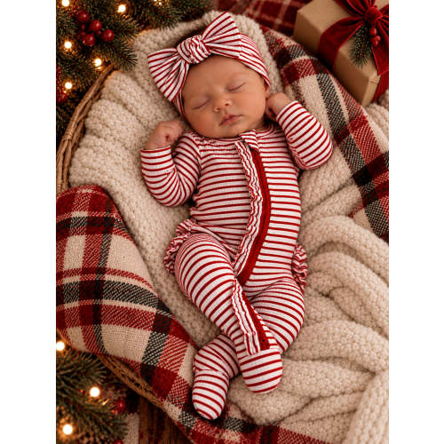 Red Stripe / Ribbed Frill 2-Way Zip Footie