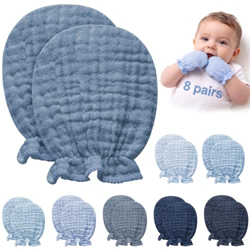 Pro Goleem 8 Pairs Muslin Baby Mittens, Newborn No Scratch Gloves | Soft Cotton Breathable Infant Hand Covers with Adjustable Elastic Wrist, Boys and Girls Baby Essentials Gift Set, 0-6 Months