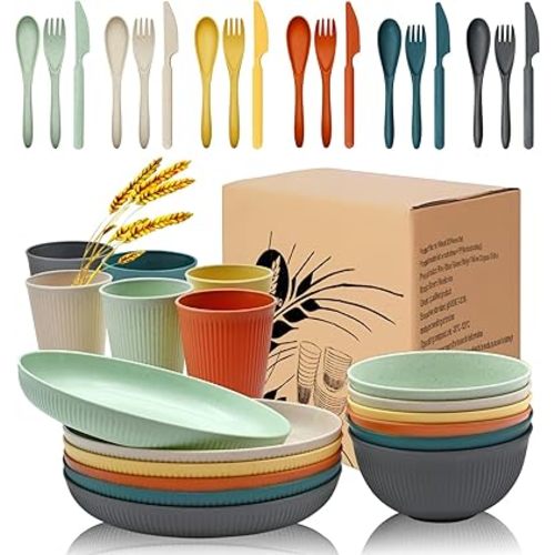 36Pcs Wheat Straw Plates and Bowls Sets, Wheat Straw Dinnerware Sets for 6 with Plates, Cups, Knives, Forks and Spoons Reusable Plates Set Dishes Set Dishwasher and Microwave Safe