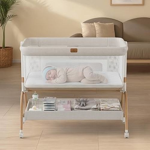 Baby Bassinet Bedside Crib, 3-in-1 Baby Bassinet Bedside Sleeper, Full-Mesh Sides, 6-Height Adjustable, Stable and Secure Crib for Newborns (Beige)