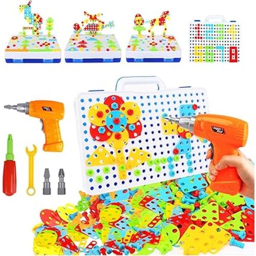 HAPTIME Design and Drill Toy,Educational Toys Building for Kids Ages 3-8,STEM Toys for 3 4 5 6 Year Old,193 Pcs Electric Drill Toy,Magic Montessori Play Toolbox for Toddler Boys Girls Preschool
