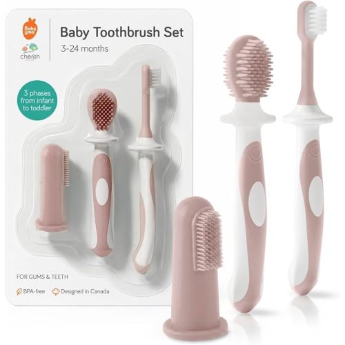 Cherish Baby Care Baby Toothbrush Set 0-2 Years - Soft Silicone (Pink) | Award-Winning: BPA-free, safety-tested food-grade silicone infant toothbrush set for babies 6 to 24 months.