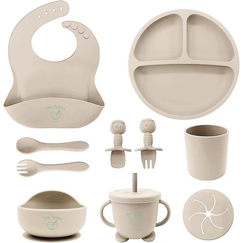 10-Piece Silicone Baby Feeding Set – BPA-Free, Spill-Proof Suction Plate, Bowl, Bib, Snack Cup & Utensils | Dishwasher Safe, Baby Gift Ready (Beige)