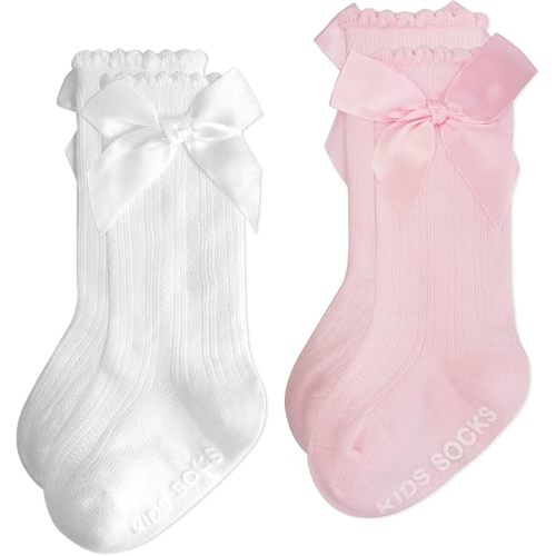 Baby Knee High Socks Girl Non Slip Toddler Stockings Cotton Bow Ruffle Newborn Long Socks Infant Dress Sock 0-6M/6-12M/1-3Y