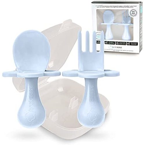 Grabease Baby and Toddler Self-Feeding Utensils – Spoon and Fork Set for Baby-Led Weaning – Made of Non-Toxic Plastic – Featuring Protective Barriers to Prevent Choking and Gagging