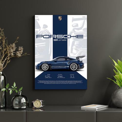 Porsche 911 GT3 RS Poster – Blue Sports Car Wall Art, Performance Specs Print, Luxury Automotive Decor
