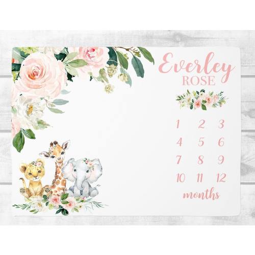 Floral Safari Milestone Blanket, Personalized Baby Girl Month Blanket with Elephant, Custom Girl Shower Gift, Baby Girl Safari Nursery SM130