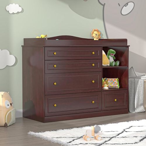 Changing Table Dresser, Baby Nursery Dresser, Diaper Changing Table, Brown | 37 In High Ergonomic, 5 Drawers, Adjustable Shelves, Metal Handle, Curved Wrapping Design, Anti-tip Design